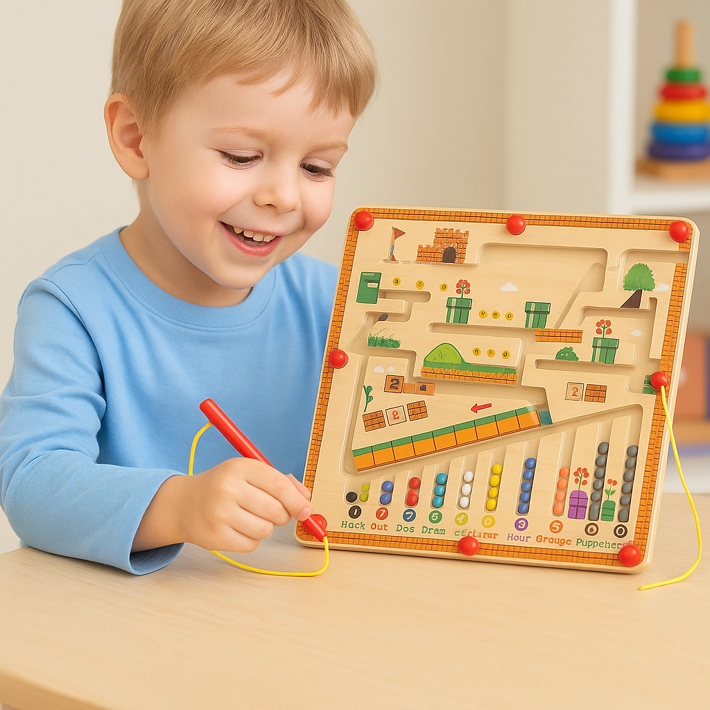 Child playing with a wooden maze toy on a table.