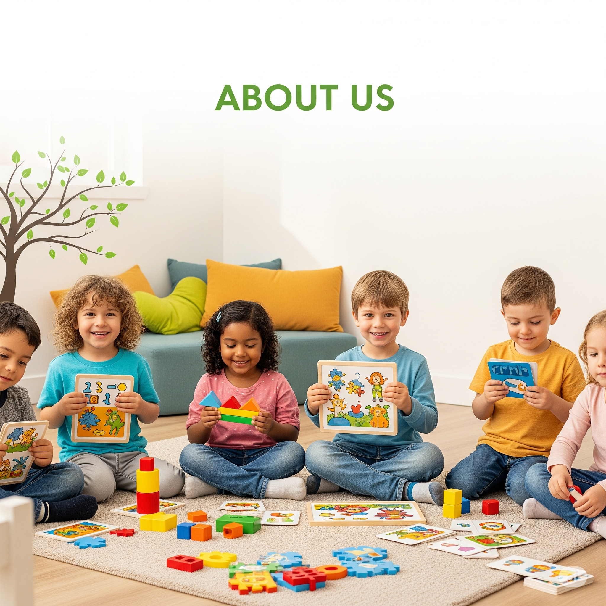 Children playing with educational toys and cards in a cozy living room setting.