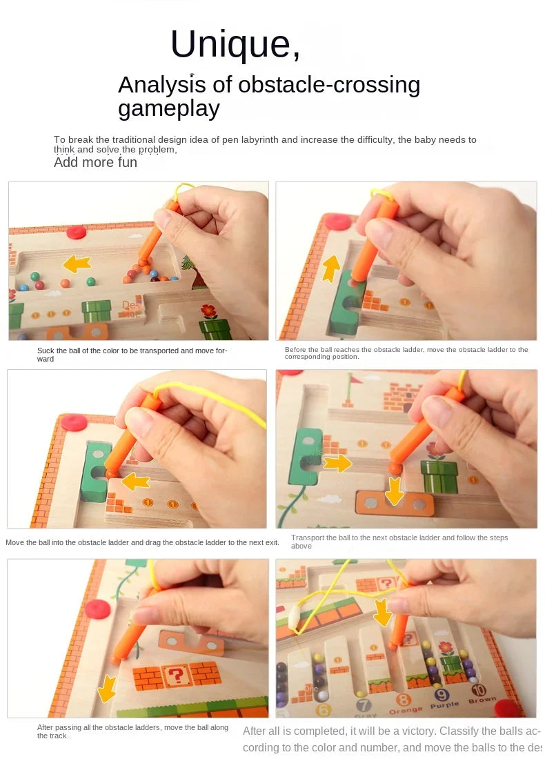 Hands playing with an obstacle-crossing game on a white background