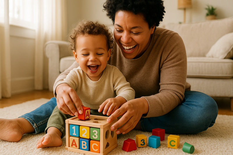 a happy parent teaching a kid with an educational learning toy
