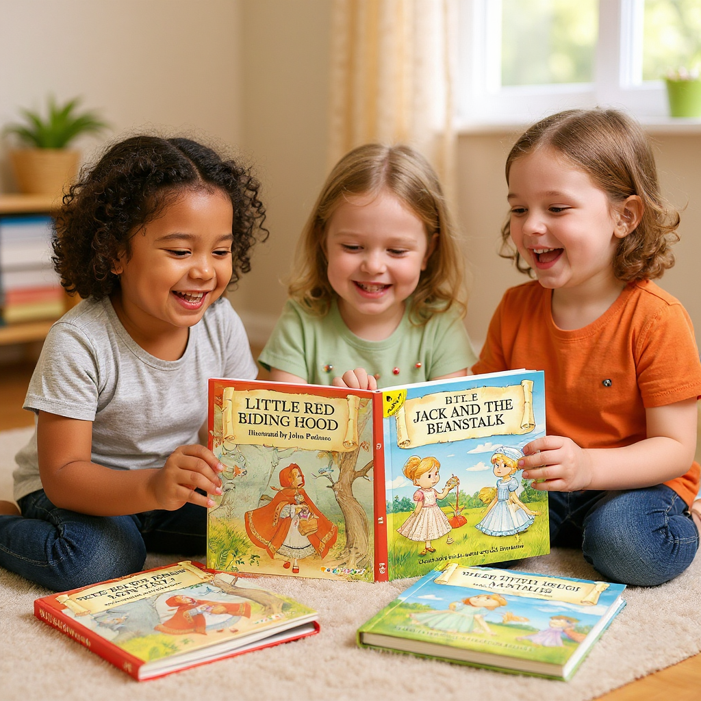 Three children sitting on the floor with picture books open, showing stories like 'Little Red Riding Hood' and 'Jack and the Beanstalk'.