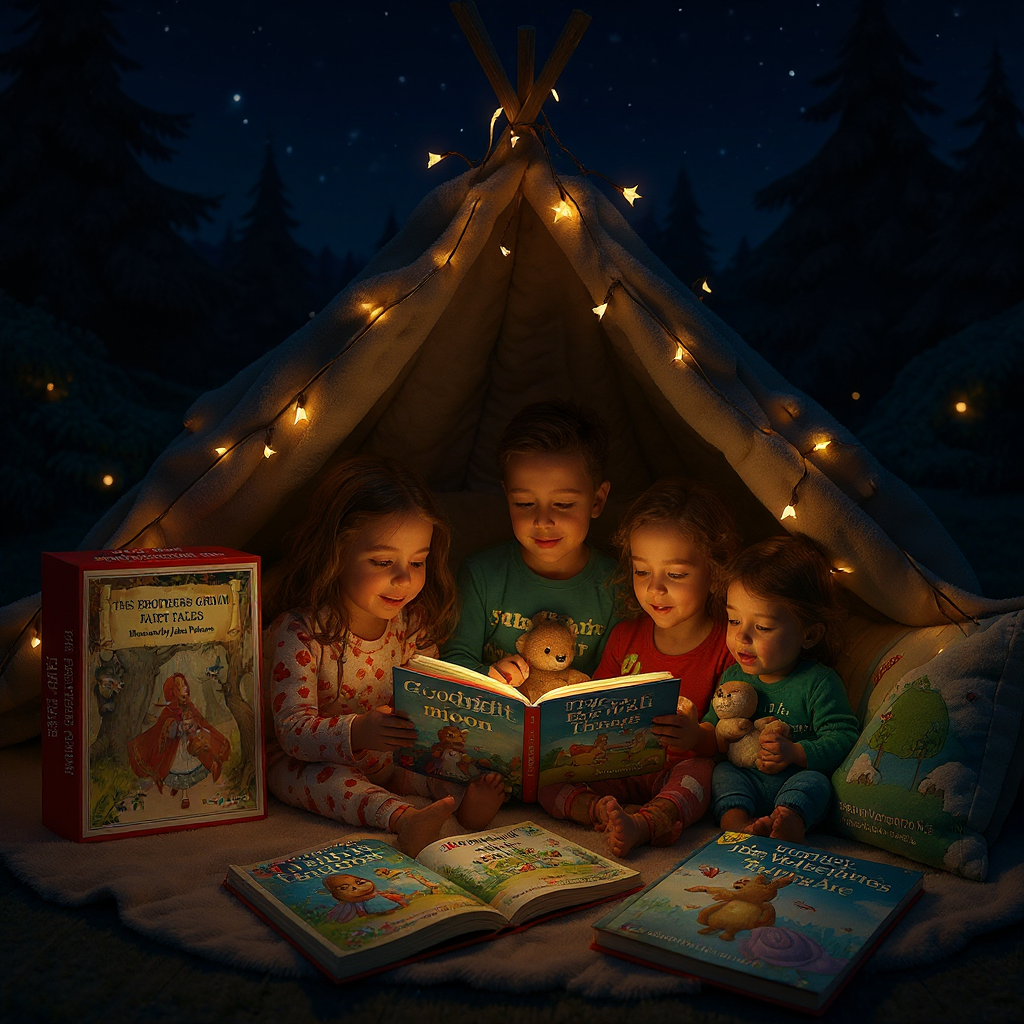 Children reading books inside a lit teepee at night