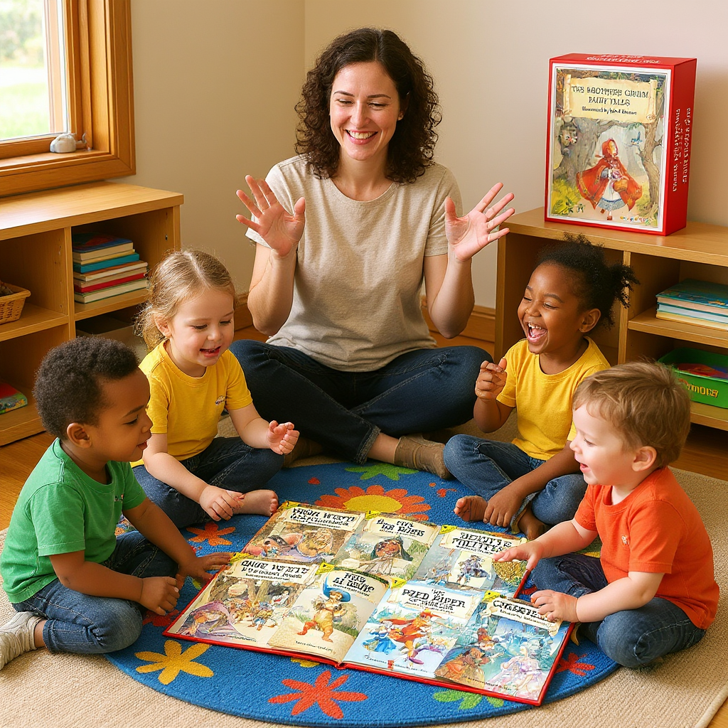 Teacher and children sitting on a rug with books, smiling and engaging in a reading activity.