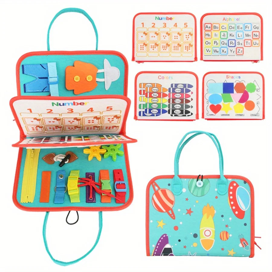 Colorful educational toy set with number, alphabet, and shape books on a white background