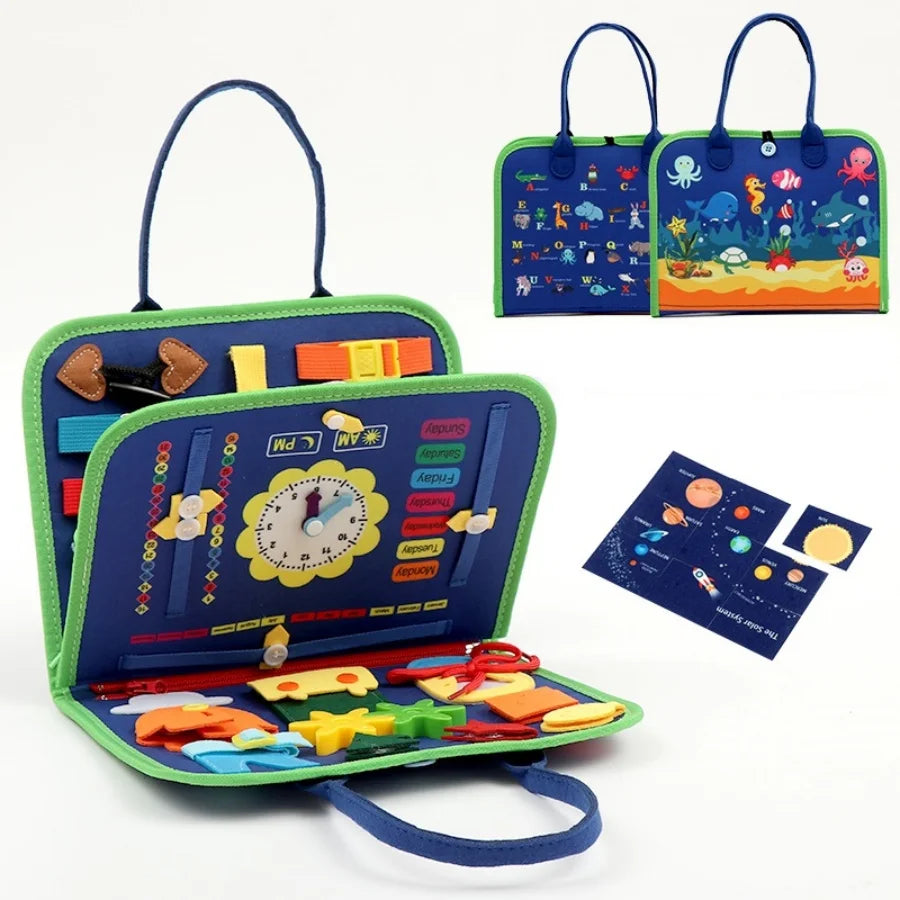 Educational toy with colorful panels and interactive elements, suitable for children.
