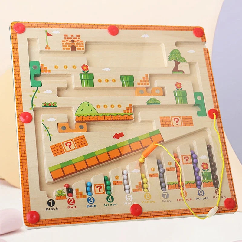 Color sorting maze toy with colorful beads on a white background