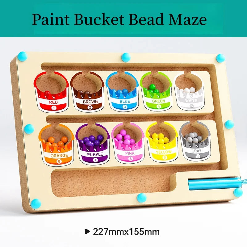 Wooden bead maze toy with color-coded buckets and beads on a light gray background