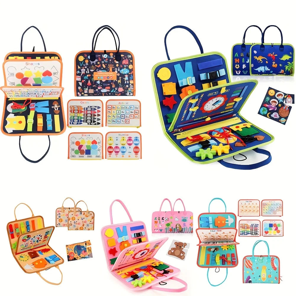 Colorful educational toys set with various compartments and activities on a white background