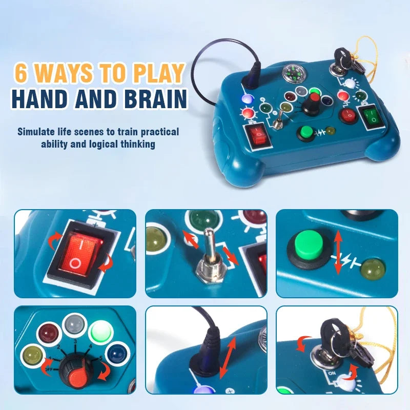 Toy control panel with buttons and levers, labeled '6 Ways to Play Hand and Brain' on a blue background.