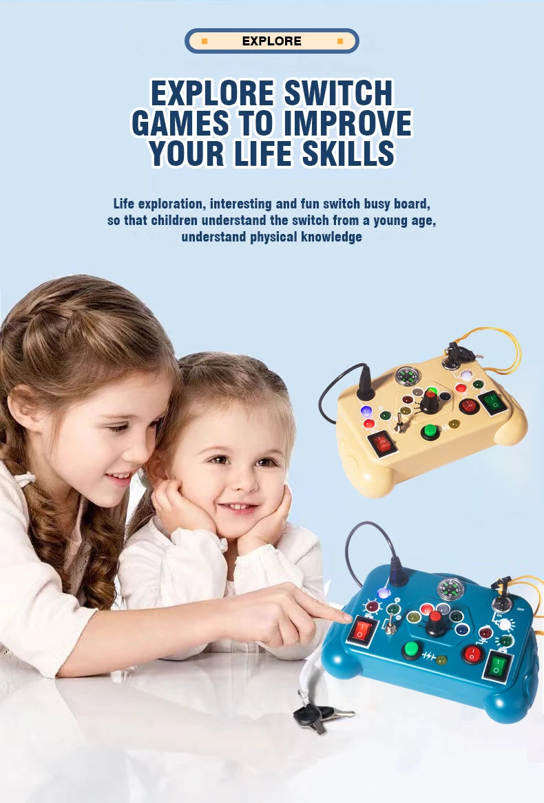 Two children playing with educational switch games on a light blue background