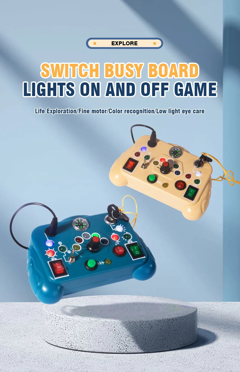 Two colorful switch busy boards on a light blue background with text above.