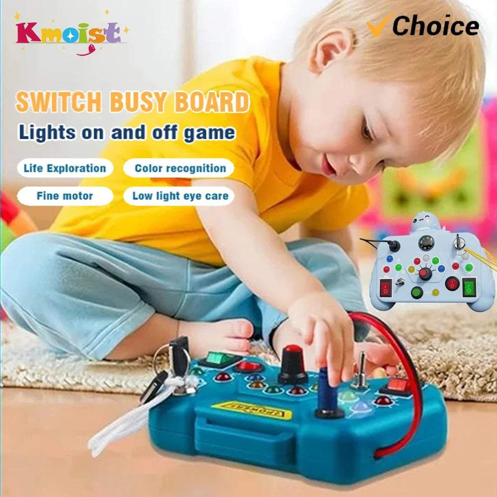 Child playing with a switch busy board toy, with Kmoist and Choice branding visible.