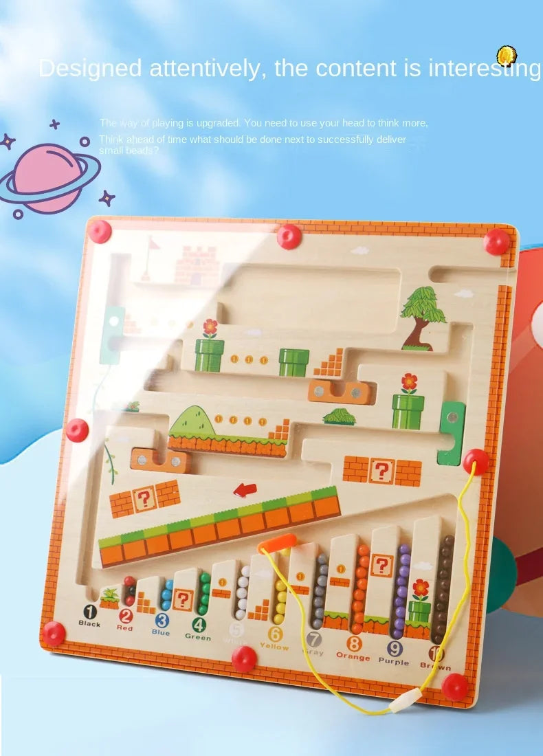 Wooden maze toy with colorful design on a blue background