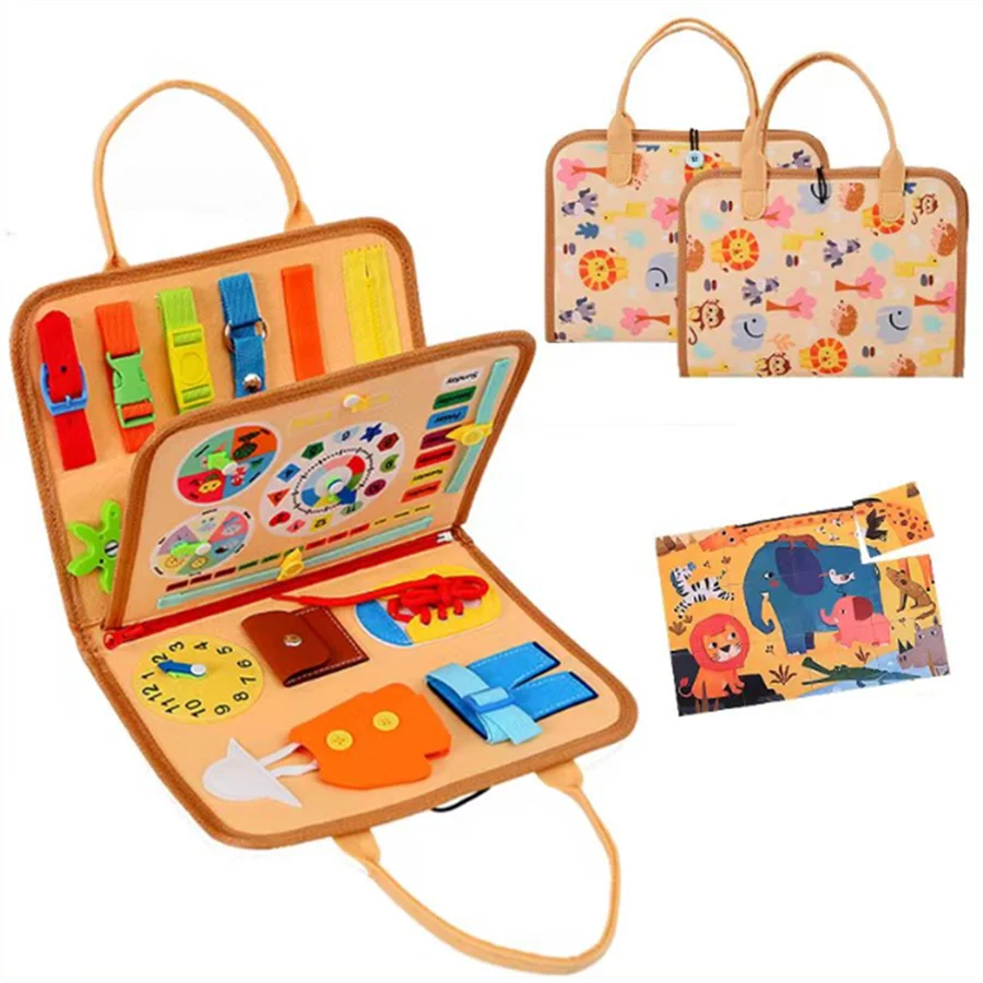 Children's educational toy set with wooden board, colorful clips, and a carrying case on a white background.