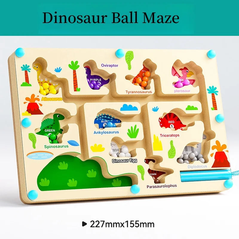Wooden dinosaur ball maze toy with colorful illustrations on a white background