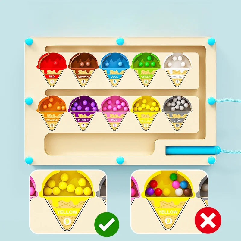 Wooden educational toy with ice cream cones for color recognition on a light blue background