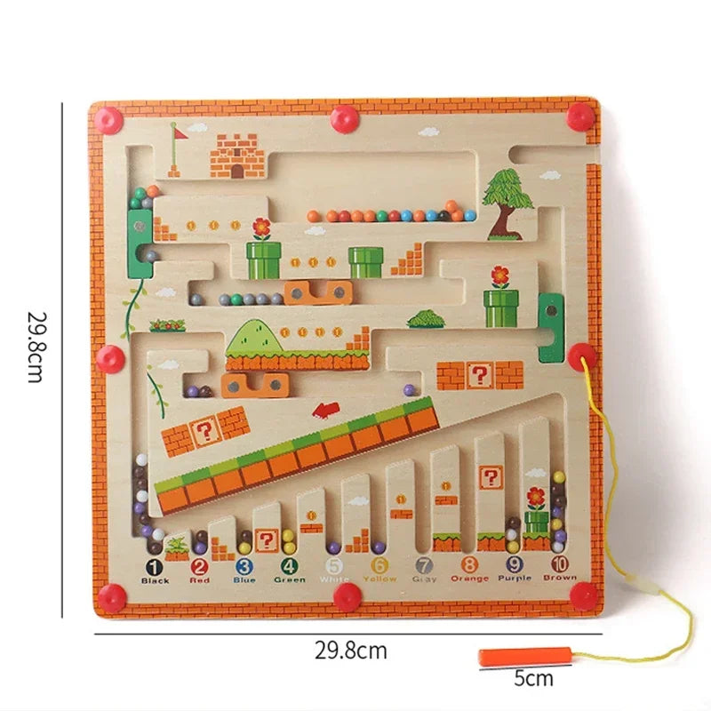 Wooden maze toy with colorful balls and measurements on a white background