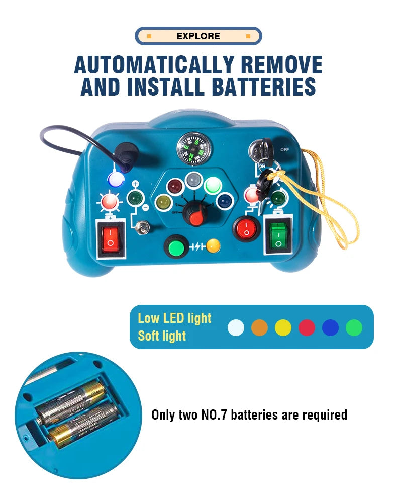 Blue electronic device with battery compartment and color options on a white background