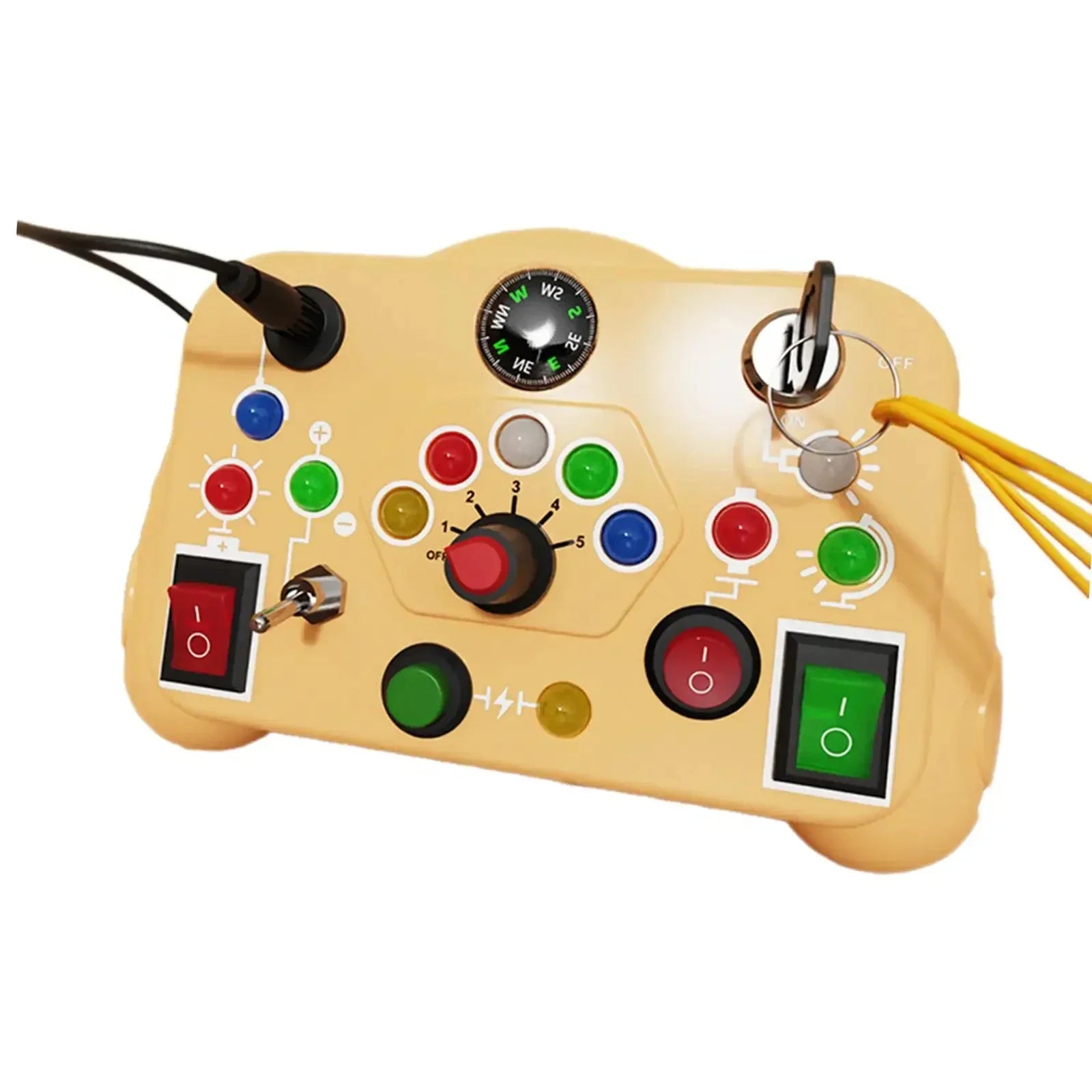 Control panel with buttons and dials on a beige background