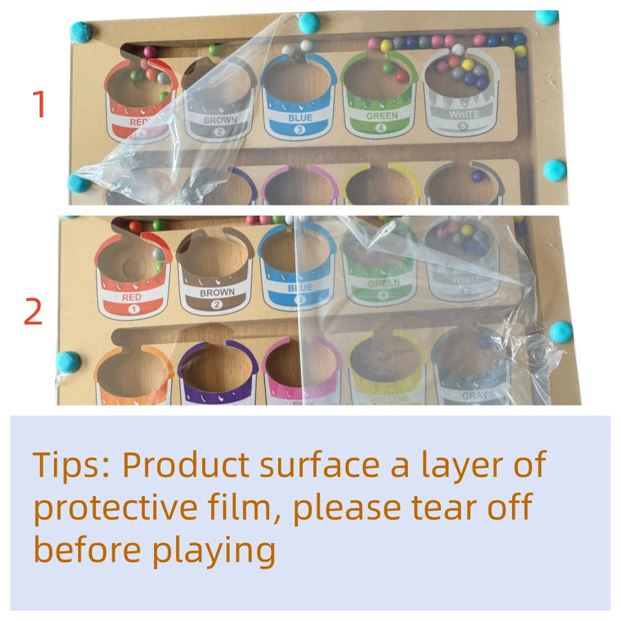 Educational toy with color mixing cups and protective film on a cardboard base.
