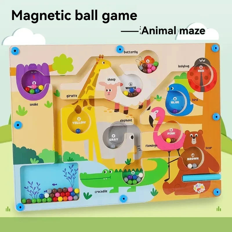 Colorful magnetic ball game with animal maze design on a light green background