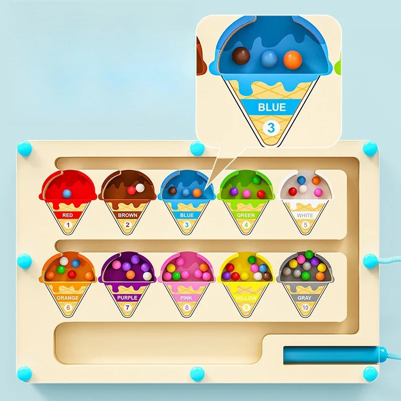 Wooden color sorting toy with ice cream cones and colored balls on a light blue background