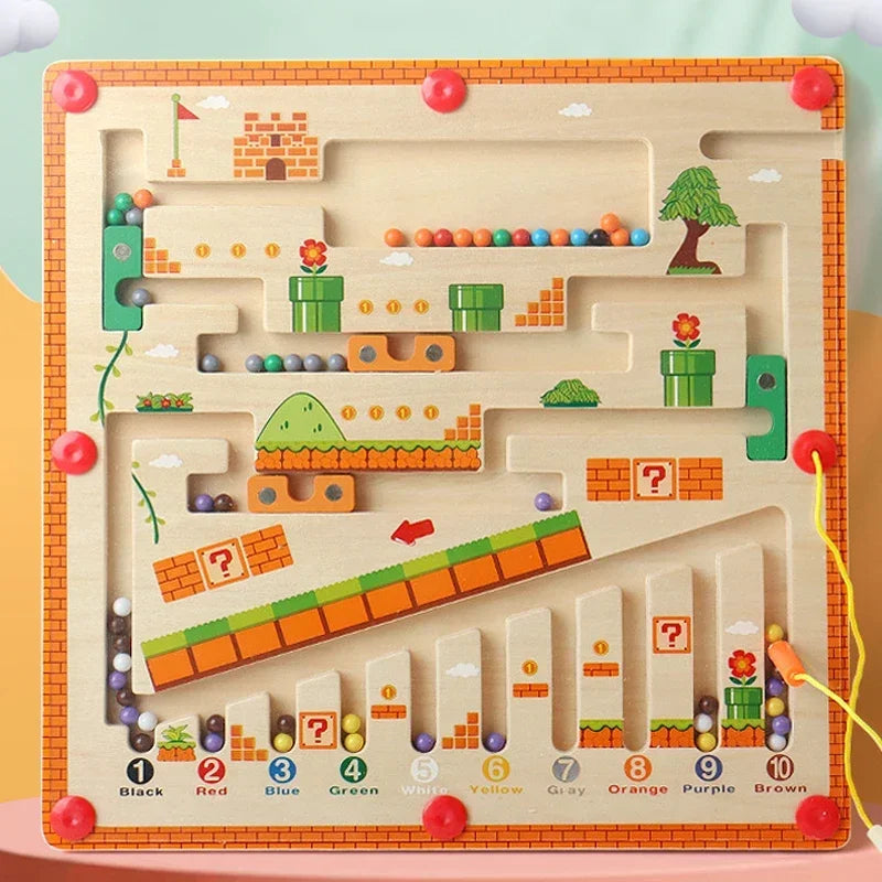 Wooden maze toy with colorful balls and game-like design on a light background