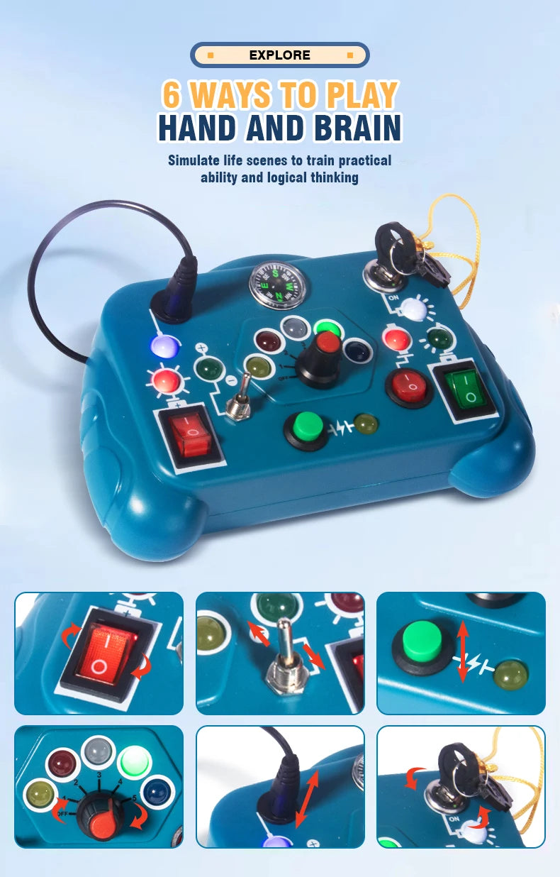 Blue electronic device with buttons and levers on a light blue background, featuring text about playing 'Hand and Brain'.