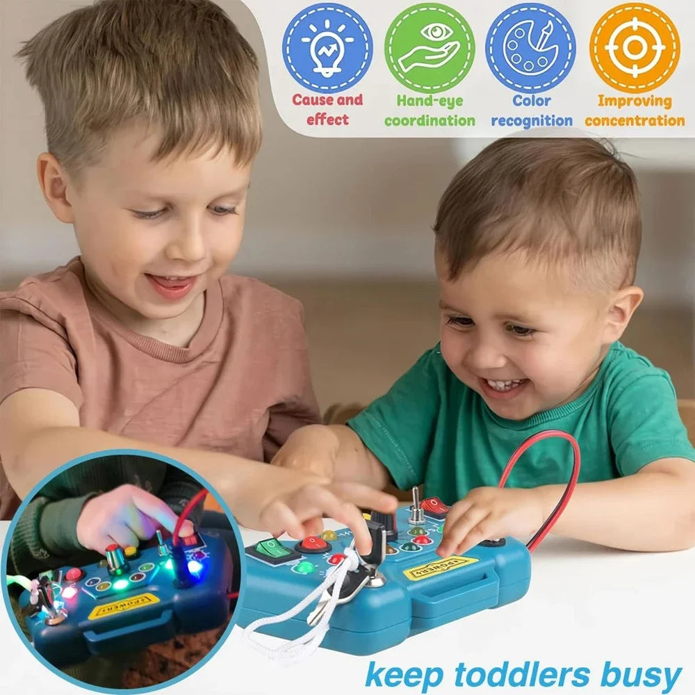Two children playing with a educational toy, surrounded by icons and text highlighting skills developed.