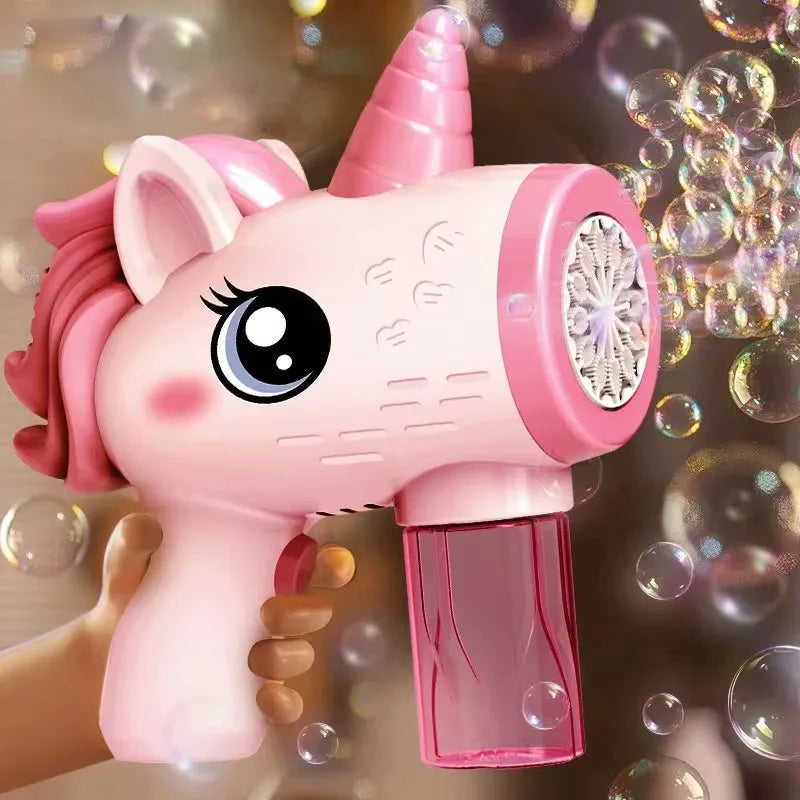 Pink unicorn-shaped bubble gun with bubbles in the background