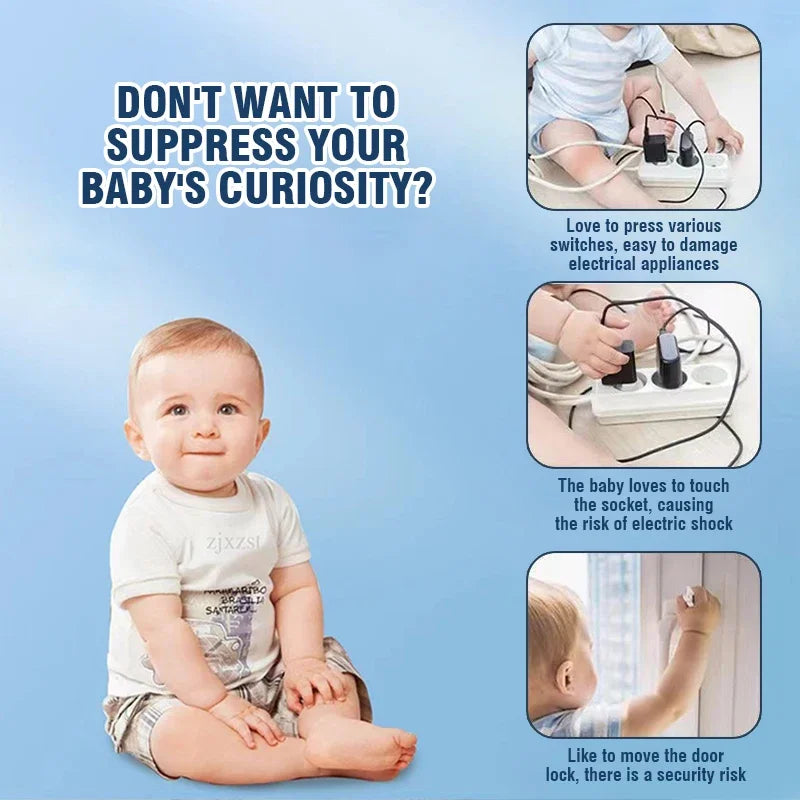 Baby sitting on a blue background with text about suppressing curiosity and safety risks.