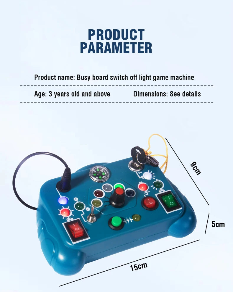 Blue switch off light game machine with dimensions on a white background