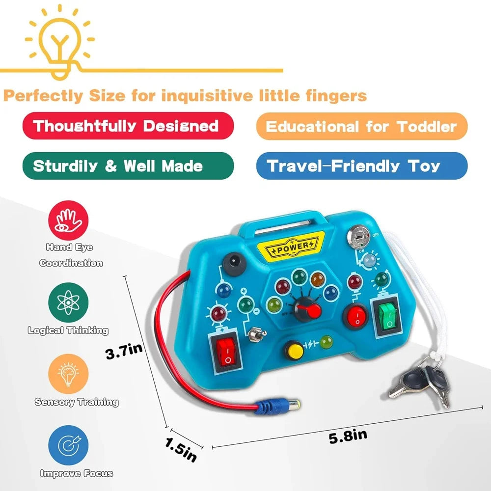 Toy control panel with educational features and dimensions on a white background