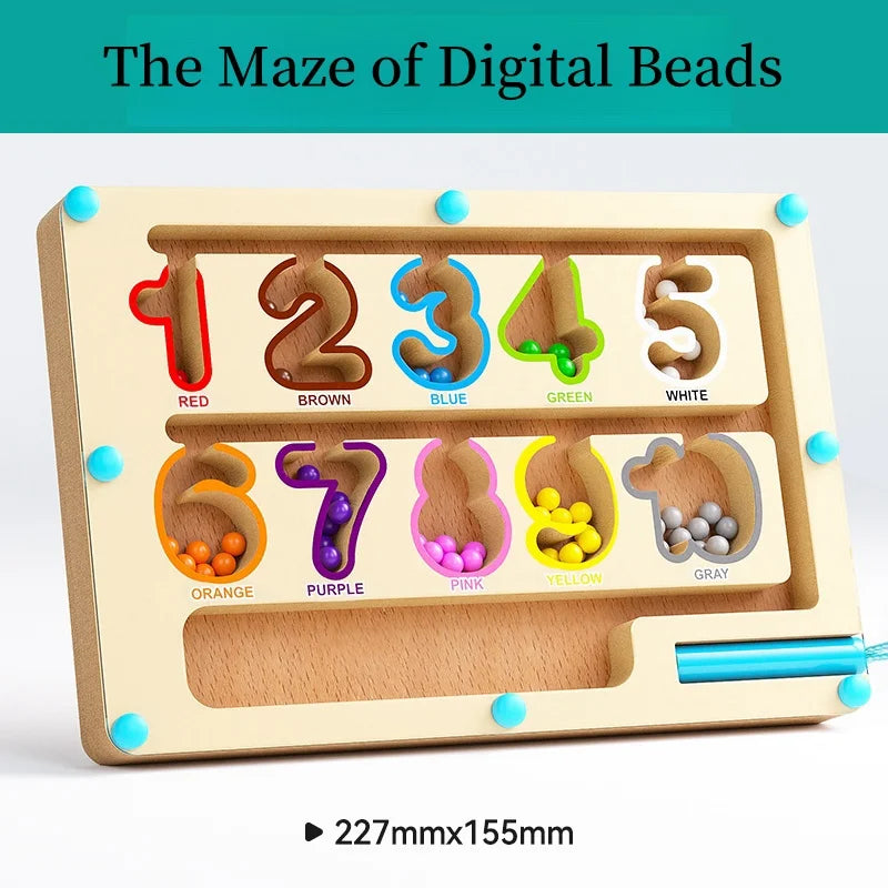 Wooden maze toy with colored beads and number slots on a white background