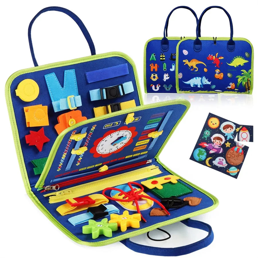 Educational toy set with colorful components and a carrying case on a white background
