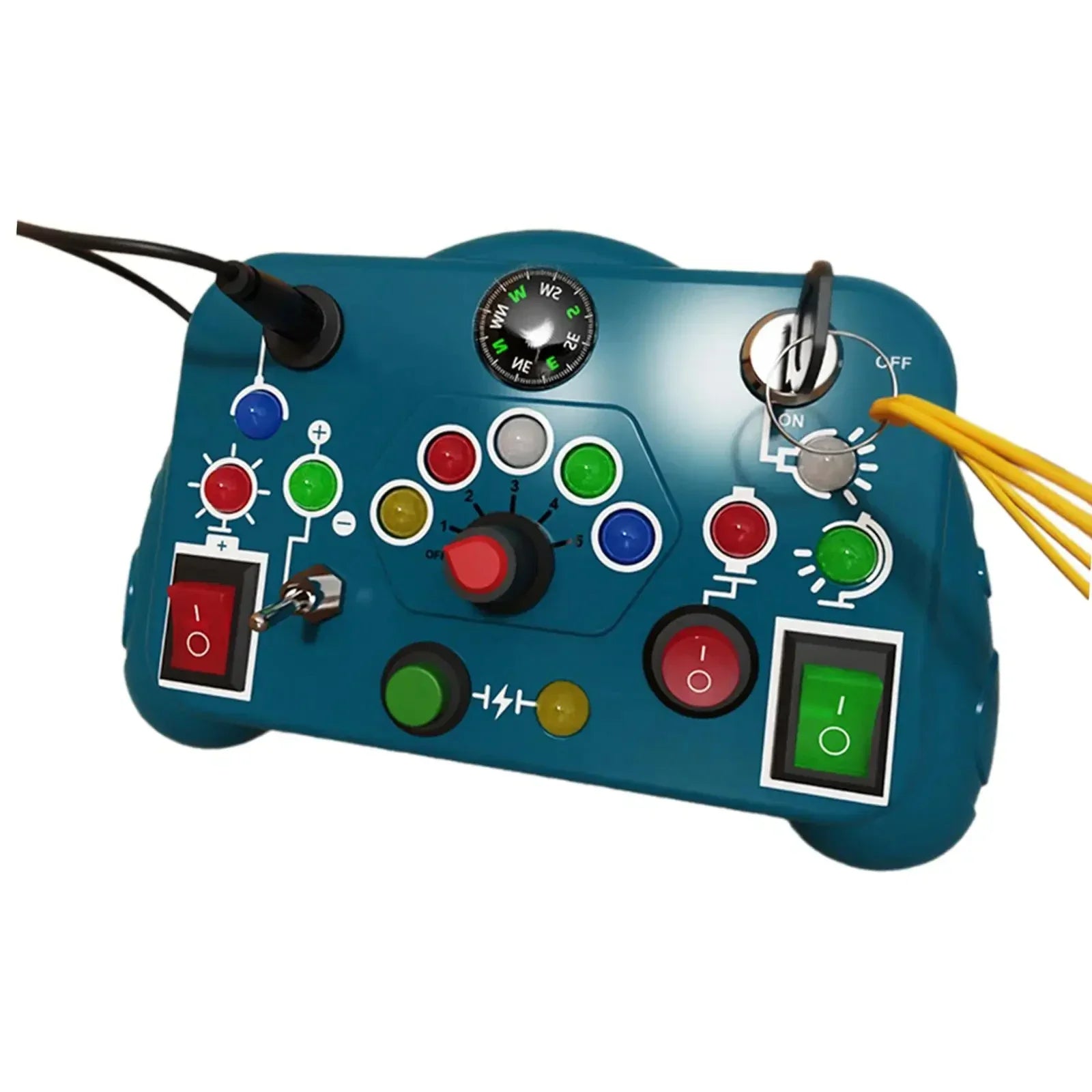 Blue control panel with various buttons and switches on a white background