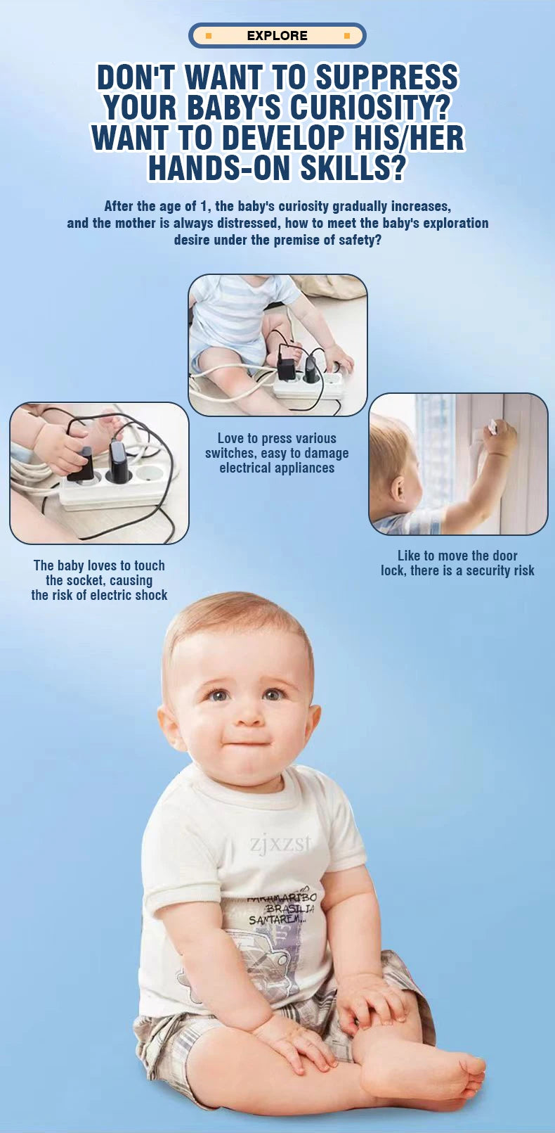 Baby sitting on a blue background with text about developing baby's curiosity and hand-on skills.
