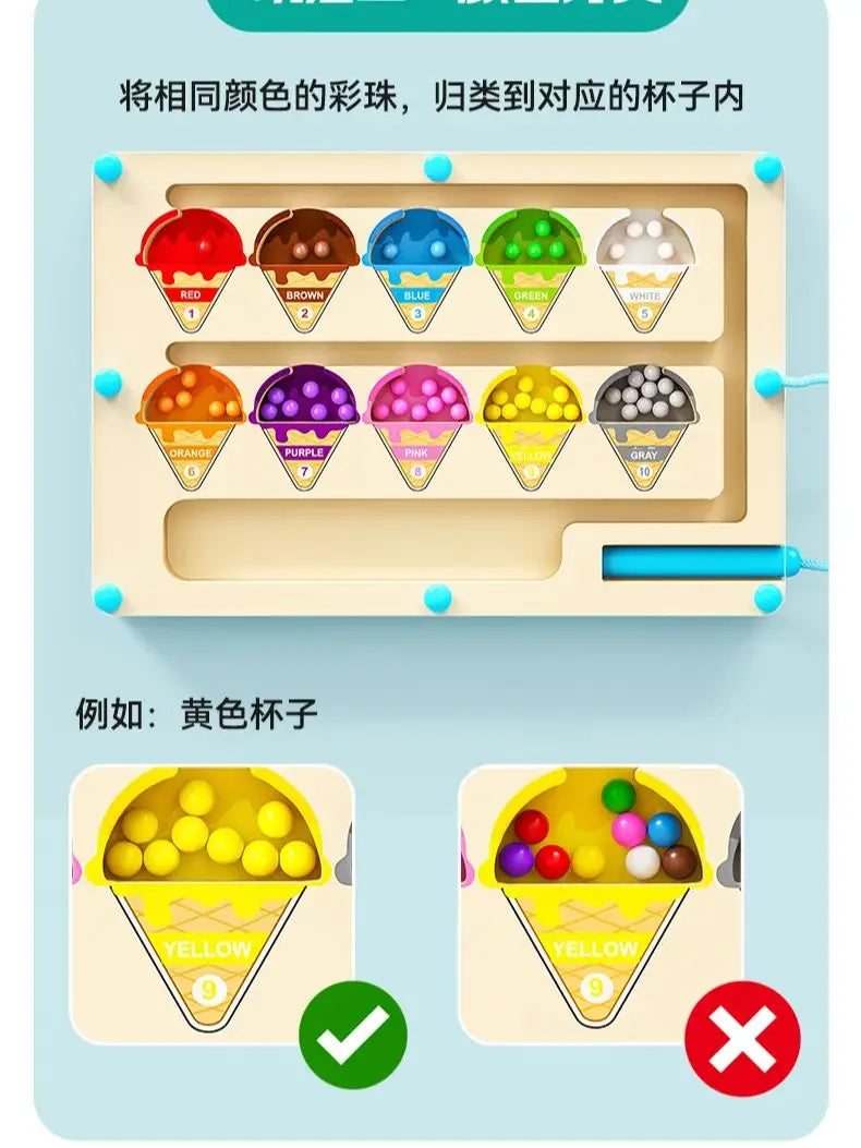Educational toy with colorful ice cream cones and balls on a blue background