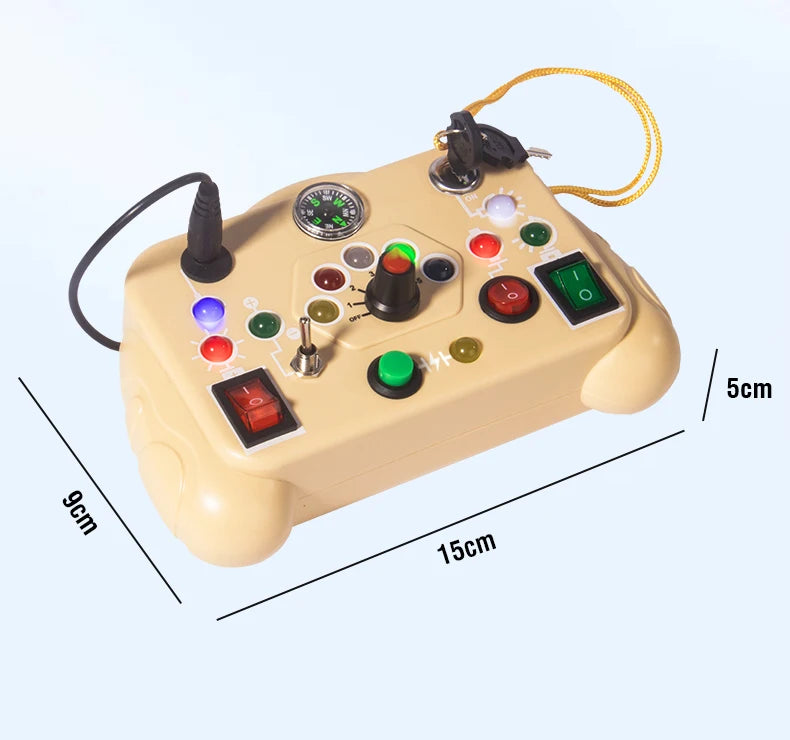 Control panel with buttons and lights on a light blue background