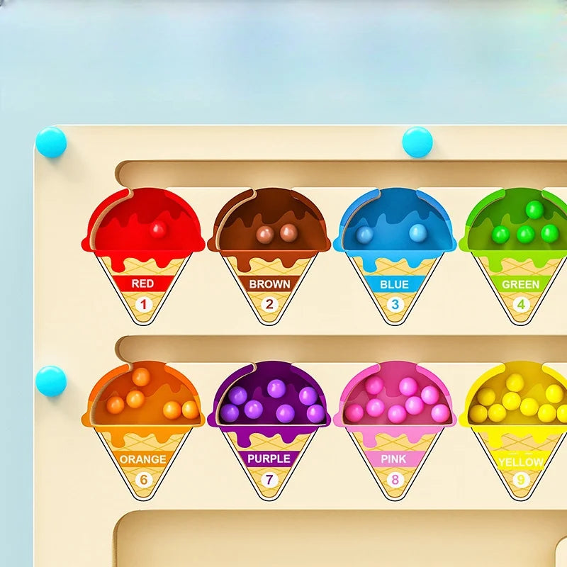 Color sorting toy with ice cream cones labeled with colors and numbers