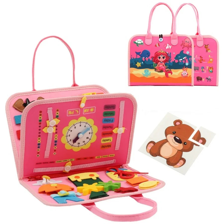 Pink educational toy set with various components and a carrying case on a white background.