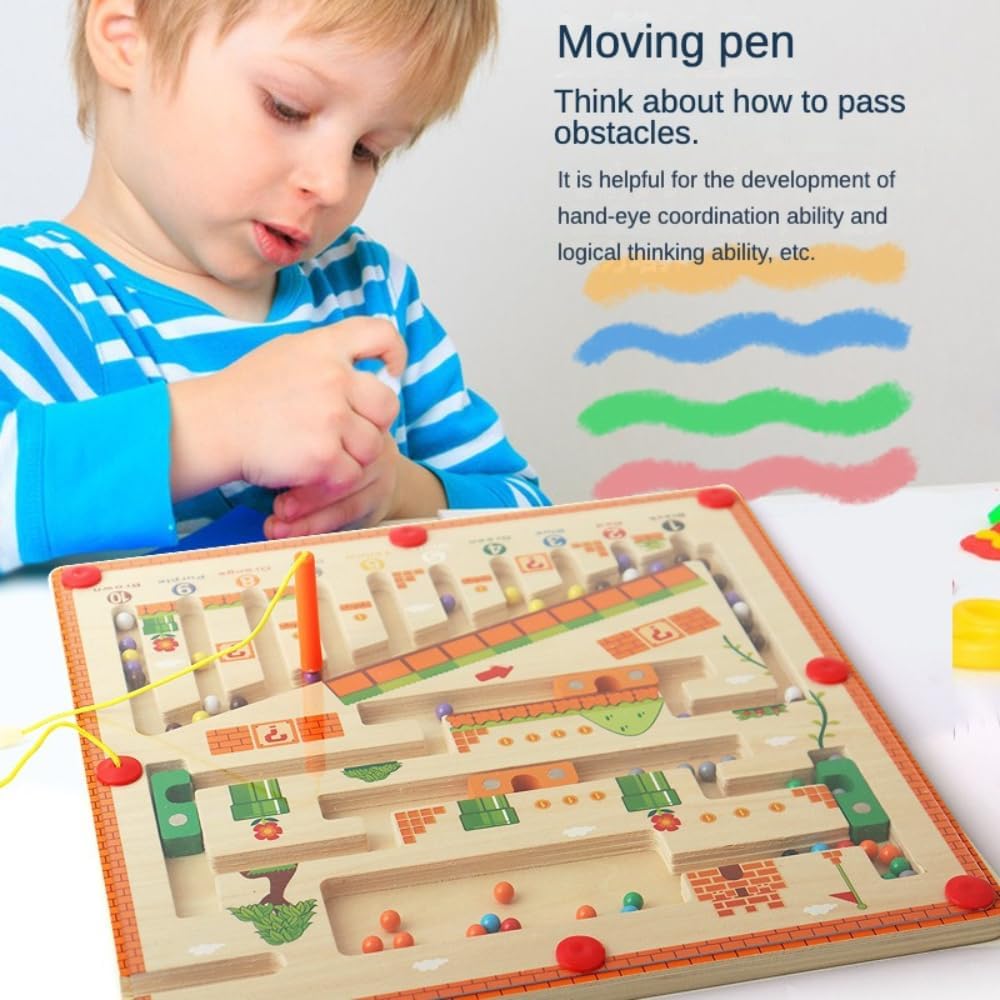 Child playing with a wooden maze toy, promoting hand-eye coordination and logical thinking.