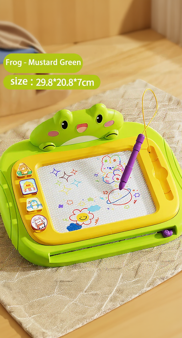 Children's drawing board with frog design on a wooden surface