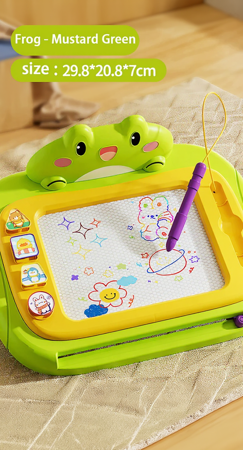 Children's drawing board with frog design and water pen on a wooden surface