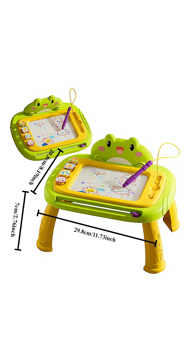Children's drawing table with frog design and measurements on a white background