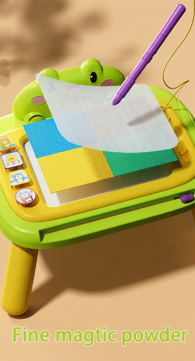 Colorful children's drawing board with a purple pen on a beige background
