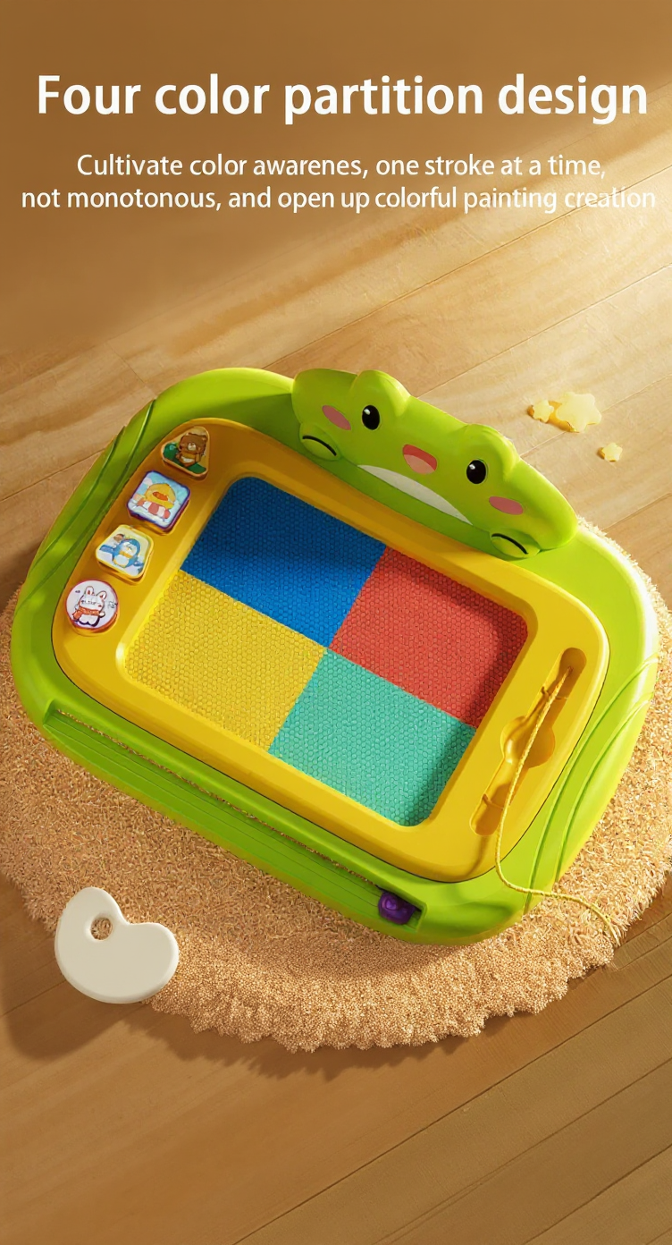 Color partition design toy with four colored squares on a wooden surface