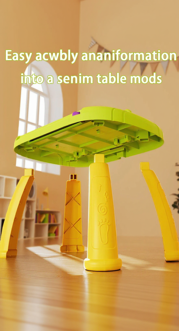 Yellow and green table with mods on a wooden floor