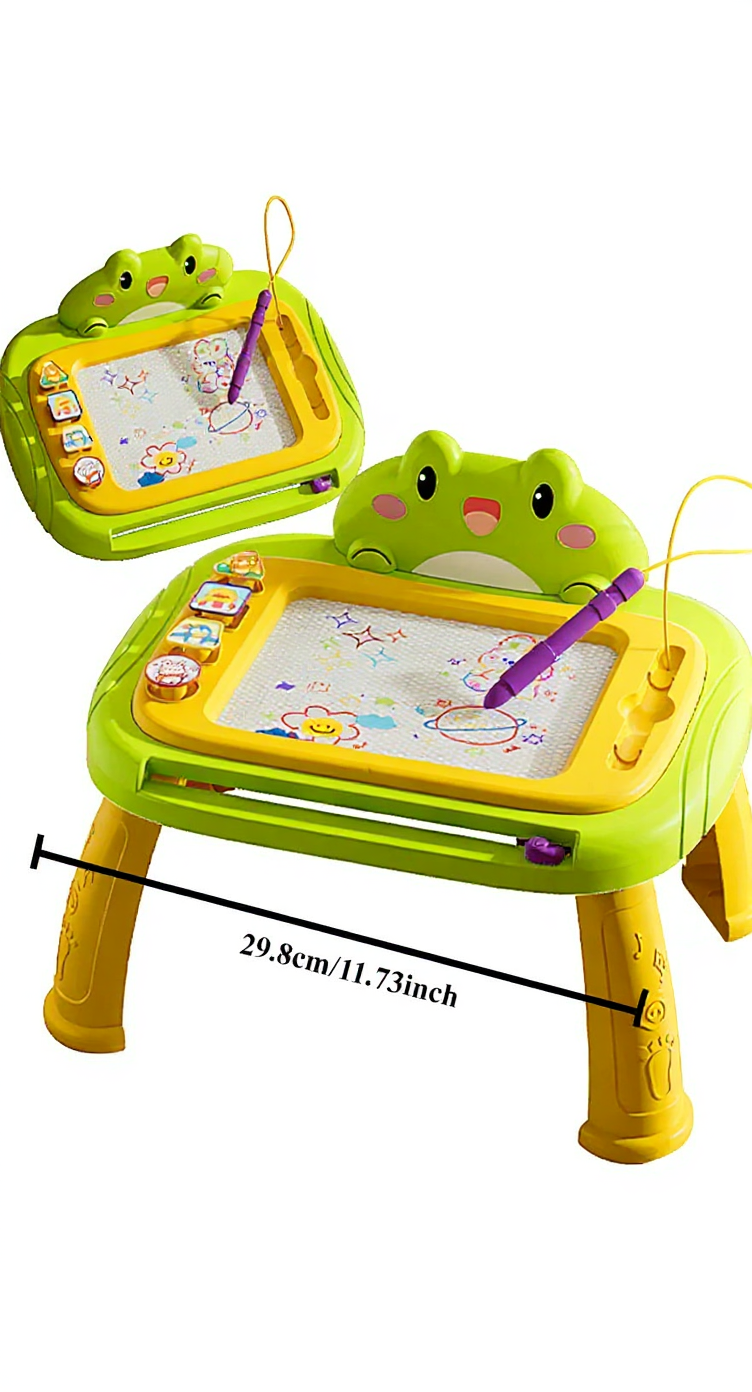 Green and yellow children's drawing board with a pen, showing measurements on a white background.